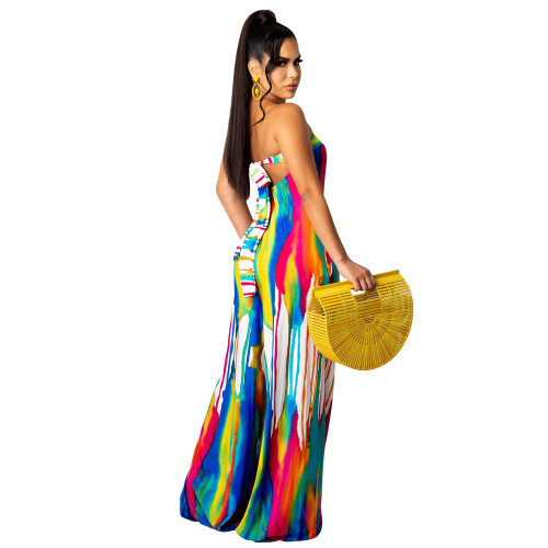 Casual Printed Tie-dye Strapless Jumpsuit with Wide-leg