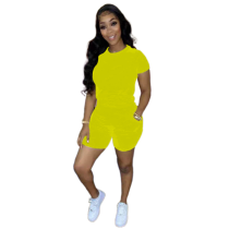 Solid Color Short Sleeve Women Clothing 2 Piece Set