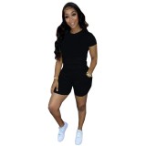 Solid Color Short Sleeve Women Clothing 2 Piece Set