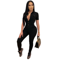 Solid Color High Stretch Turn-down Neck Black Jumpsuit