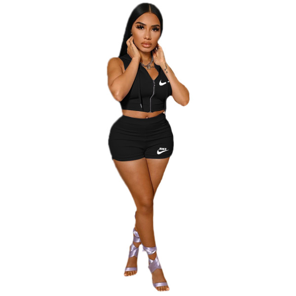 Casual Zipper Printed Hooded Crop Top and Shorts Two Piece Set