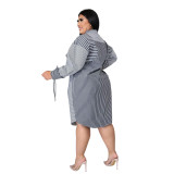 Women Plus Size Clothes Turn-down Neck Striped Midi Shirt Dress