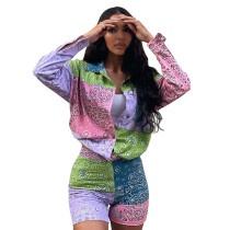 Autumn Paisley Print Color Contrast Cardigan Two Piece Set