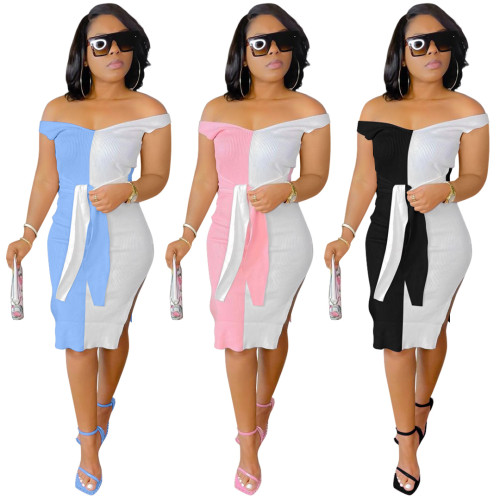 Fashion Off Shoulder Pit Stitching Color Midi Dress