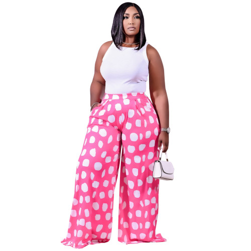 Printed Long Wide-leg Pants with Pocket