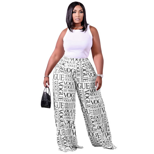 Printed Long Wide-leg Pants with Pocket