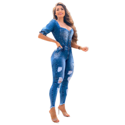 Casual Puff Sleeve Denim Jet White Ripped Jumpsuit