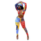Sexy Printed Paisley Jumpsuit with Headkerchief