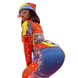 Sexy Printed Paisley Jumpsuit with Headkerchief
