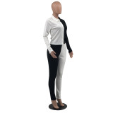 Black and White Stitching Color Turn-down Neck Long Pant Set