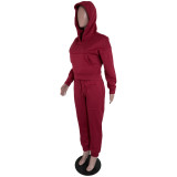 Casual Wine Red Thick Sweatshirt Hoodie Two Piece Set