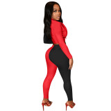Red and Black Stitching Color Turn-down Neck Long Pant Set