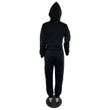 Casual Black Thick Sweatshirt Hoodie Two Piece Set