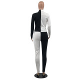Black and White Stitching Color Turn-down Neck Long Pant Set