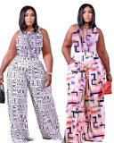 Casual Two Piece Clothing Sleeveless Printed Pant Set with Pocket