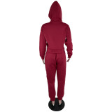 Casual Wine Red Thick Sweatshirt Hoodie Two Piece Set