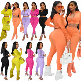 Fashion Zipper Hooded Solid Color Sports Two Piece Tracksuit Outfits