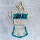 Offset Color Block Stitching Hoodie Sportswear Short Sets