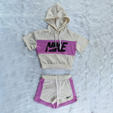 Offset Color Block Stitching Hoodie Sportswear Short Sets