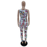 Casual Floral Printed Vest and Trousers 2 Pcs Set