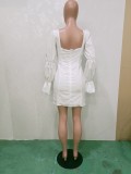 Autumn White Square Neck Puff Sleeve Lace-up Mini Dress For Women