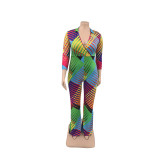Casual V Neck Printed Plus Size Jumpsuit