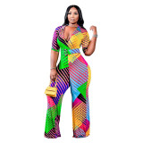 Casual V Neck Printed Plus Size Jumpsuit