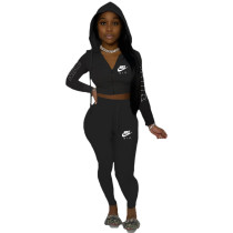 Casual Zipper Drawstring Printed Pattern Hoodie Pant Set