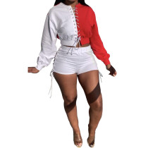 Autumn Color Matching Long Sleeve Eyelet Lace-up Top and Shorts