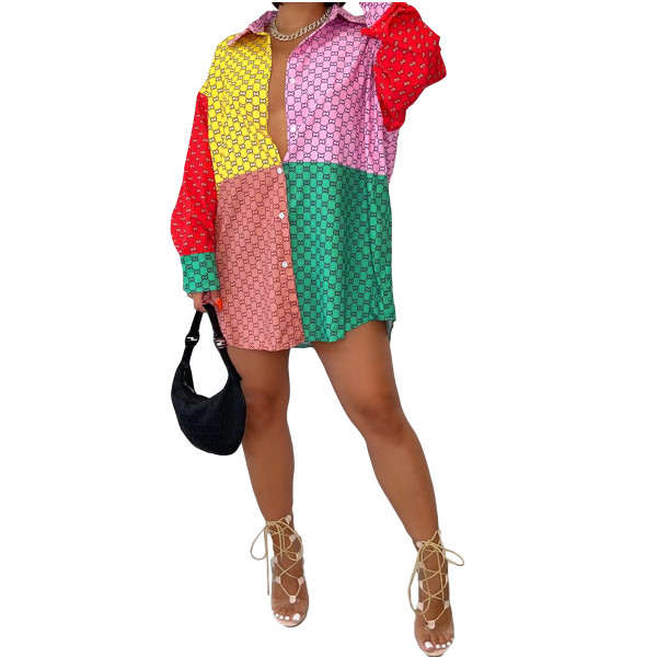 Casual Printed Color Block Shirt Dress
