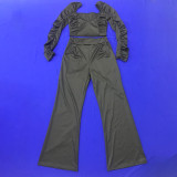 Solid Color Pleated Top Trousers Two Piece Women Clothing with Pockets