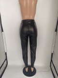 Solid Color Black Zipper Pockets Leather Pants with Belt