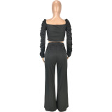 Solid Color Pleated Top Trousers Two Piece Women Clothing with Pockets