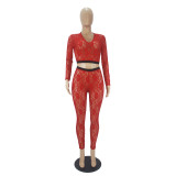 Solid Color Red Loungewear See Through Lace V Neck Trousers Women Sets