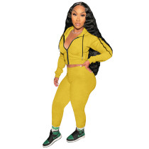 Autumn Solid Color Yellow Hooded Sweatsuit Sportswear Pant Set