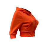 Casual Hooded Sports Crop Sweatsuit Top with 2 Pockets