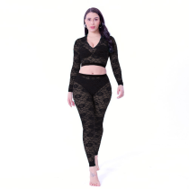 Solid Color Black Loungewear See Through Lace V Neck Trousers Women Sets