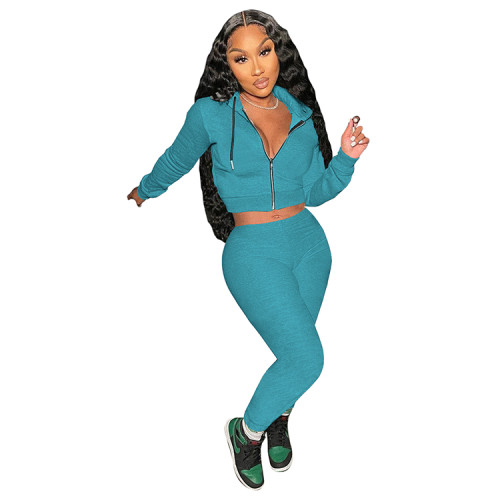 Autumn Solid Color Peacock Blue Hooded Sweatsuit Sportswear Pant Set