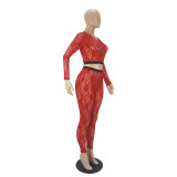 Solid Color Red Loungewear See Through Lace V Neck Trousers Women Sets