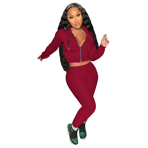 Autumn Solid Color Wine Red Hooded Sweatsuit Sportswear Pant Set