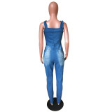 Zip-up Lace-up Holes sleeveless Denim Women's Ripped Jumpsuit