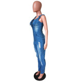 Zip-up Lace-up Holes sleeveless Denim Women's Ripped Jumpsuit