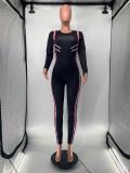 Casual Black Long Sleeve Positioning Print Jumpsuit