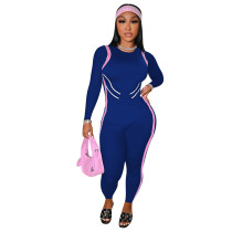 Casual Blue Long Sleeve Positioning Print Jumpsuit