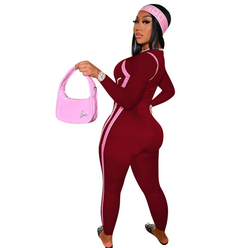 Casual Wine Red Long Sleeve Positioning Print Jumpsuit