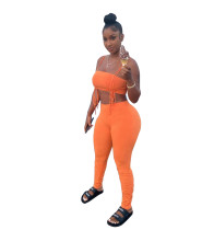 Casual Orange Knitted Stacked Straps Tube Top and Trousers
