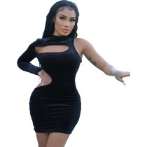 Sexy Black Velvet One Shoulder Mini Dress with Hollow