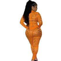 Orange Lace Plus Size Long Sleeve Pocket Bodysuits Two Piece Sets