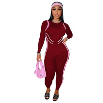 Casual Wine Red Long Sleeve Positioning Print Jumpsuit