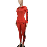 Autumn Winter Red Cotton Printed Sports Two Piece Outfits